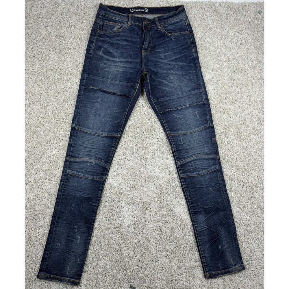 Crysp Denim Jeans Mens Size 32 Blue Biker Moto Skinny Distressed Stretch